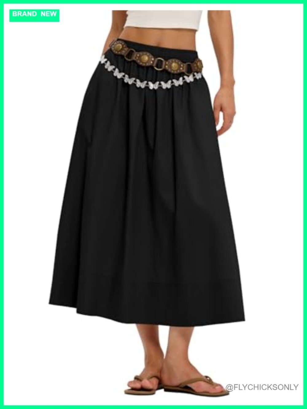 Women's Midi Skirt with Pockets Cotton A-Line Flowy Elastic Waist
